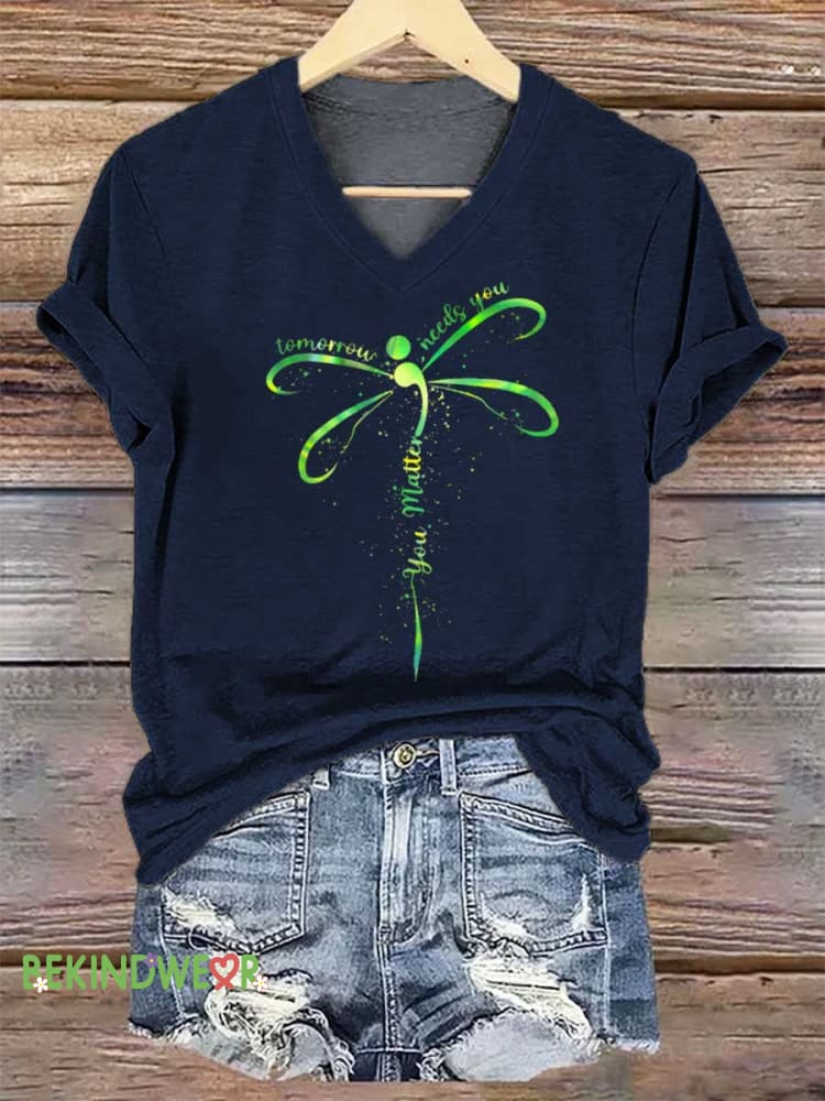 Women&rsquo;s Tomorrow Needs You YOU MATTER Dragonfly V-neck Casual T-Shirt Blue / S