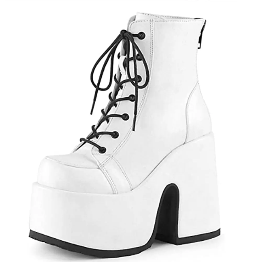 BONJOMARISA Brand Big Size 43 Round Toe Punk Cool Goth Chunky Lace Up Women's Boots Platform High Heeled Platform Autumn Shoes