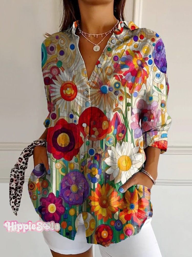 Women&rsquo;s Retro Colorful Flowers Print Casual Cotton Shirt Multicolor / S