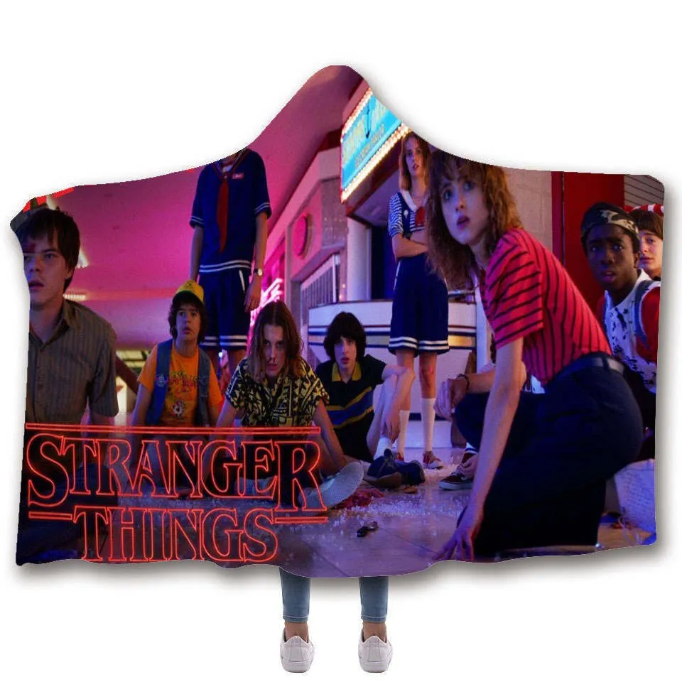 Stranger Things Hooded Blanket For children Sherpa Fleece Hoodie Blanket For Sofa Microfiber Mantle Throw Blanket For Travel