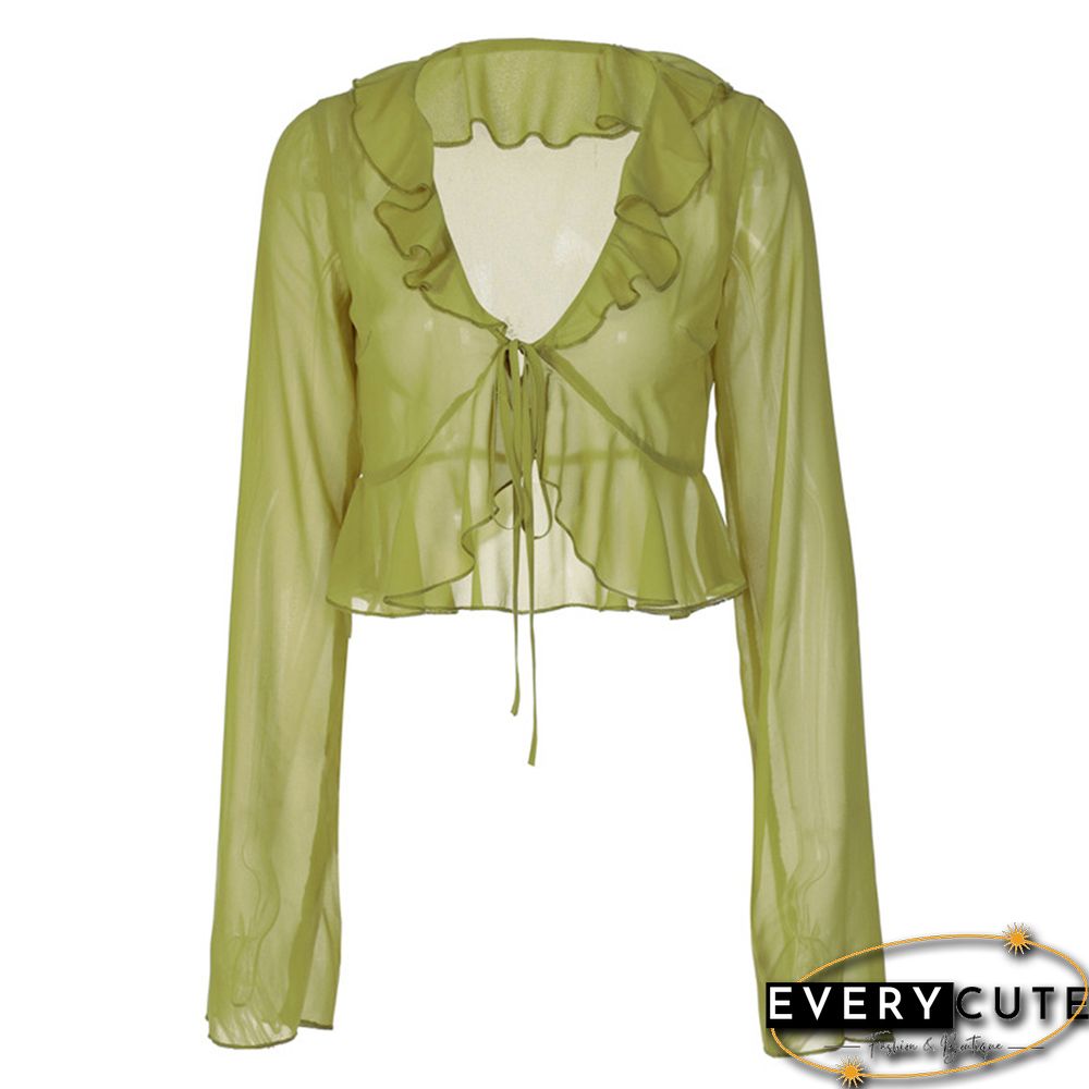 Green Ruffle V Neck Lace-up Long Sleeve Crop Tops