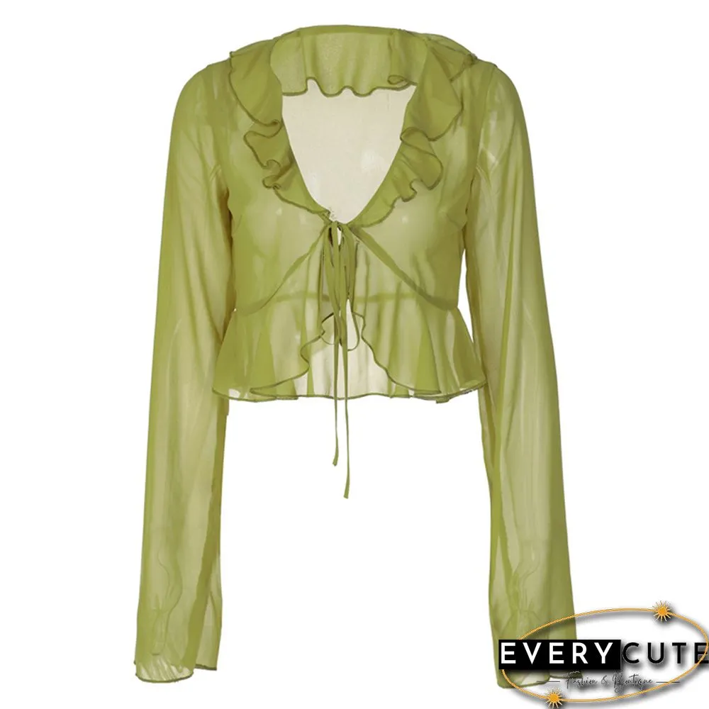 Green Ruffle V Neck Lace-up Long Sleeve Crop Tops