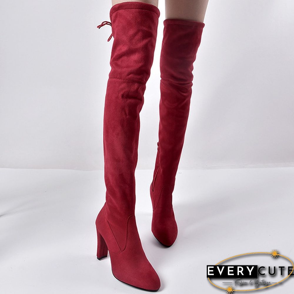 New Women's Over Knee High Boot Lace Up High Heel Faux Suede Long Thigh Boots Shoes Black Gray Red Plus Size