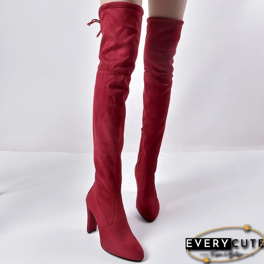 New Women's Over Knee High Boot Lace Up High Heel Faux Suede Long Thigh Boots Shoes Black Gray Red Plus Size