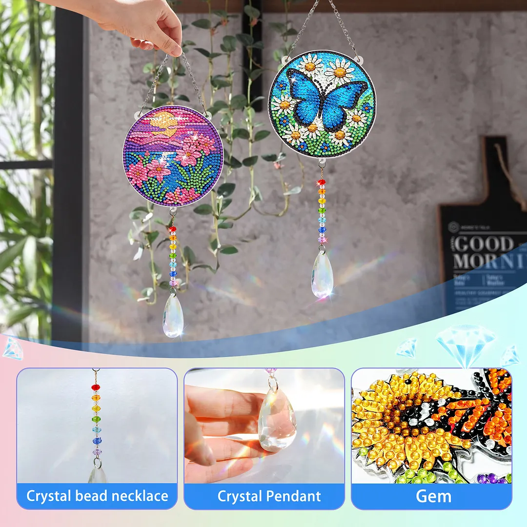2Pcs Sunset Butterfly DIY Acrylic Diamond Painting Art Wind Chimes with Crystal Pendant Diamond Art Hanging Pendant Double-Sided for Adults Beginners Gift Home Garden Decor