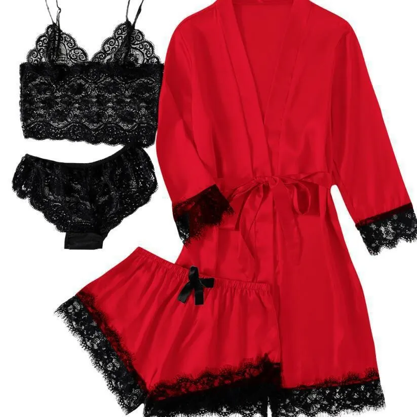 Churchf 2021 New Ladies Pajamas Four-Piece Sexy Sling Skirt Set Home Lace Pajamas Set