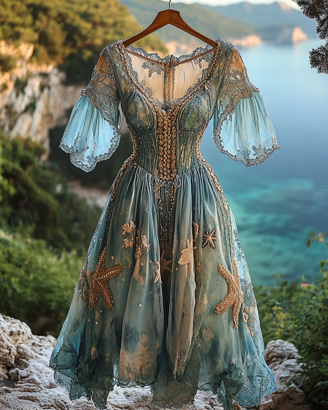 Summer Vacation Starfish Gradient Beaded Chiffon Dress 45f9