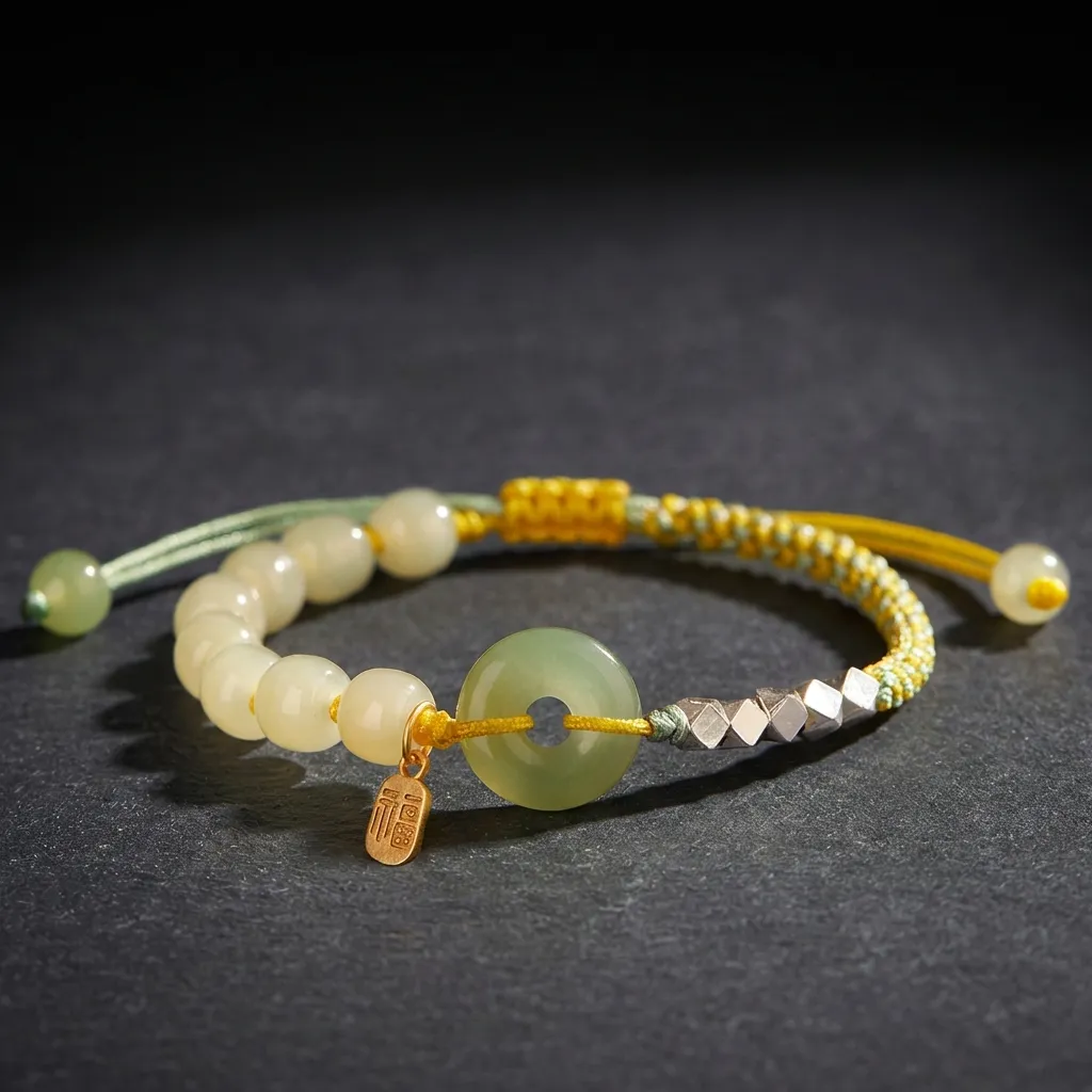 The Serenity | Hetian Jade & Artisan Crushed Silver Woven Bracelet Maple Amber