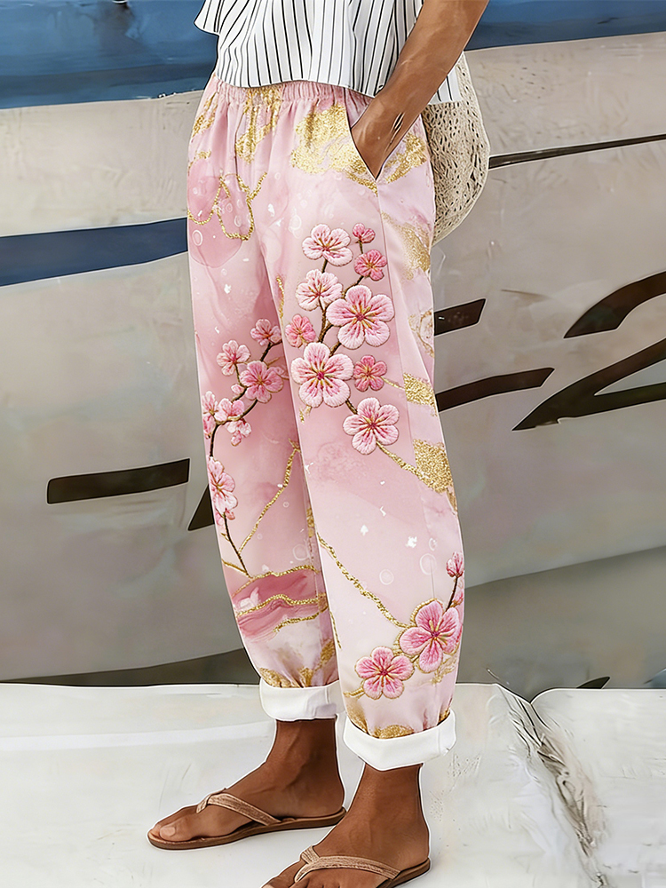 Japanese Cherry Blossom Abstract Marble Art Comfy Pants elevenforest