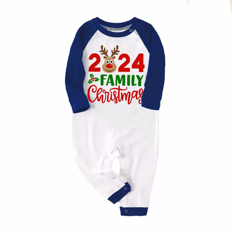 "2024 Family Christmas" Moose Letter Prints Blue & Black Plaid Family Matching White Pajamas With Dog