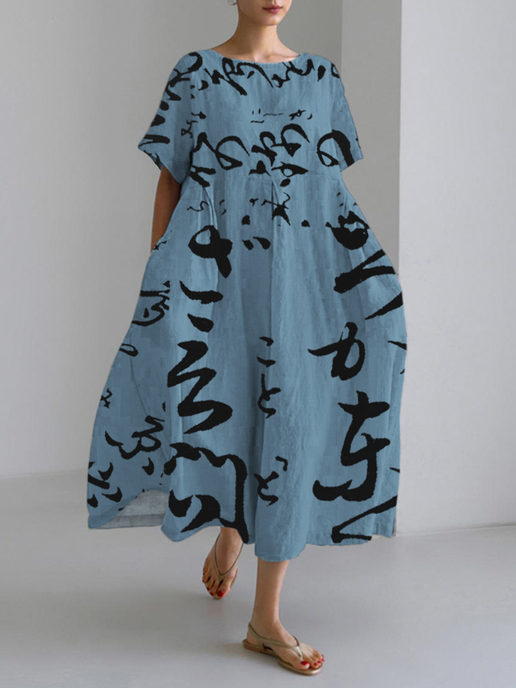 Japanese Word Art Print Linen Blend Maxi Dress