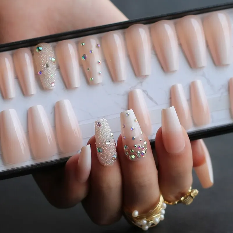 Manual phototherapy glitter Ombre Red Coffin Fasle nails Clear sparkle gel  Fake nails Gift box Reusable high quality-Nail Inspo
