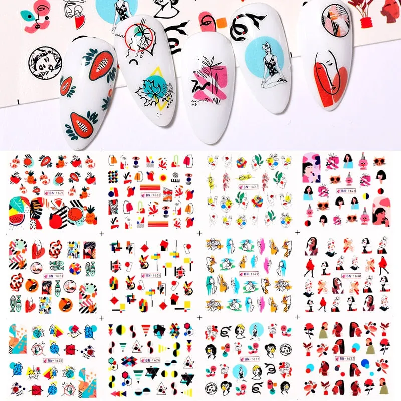 12Styles Harunouta Spring Summer Alphabet Flower Leaves Nail Water Decals Popular Geometric Lines Transfer Stickers Decoration