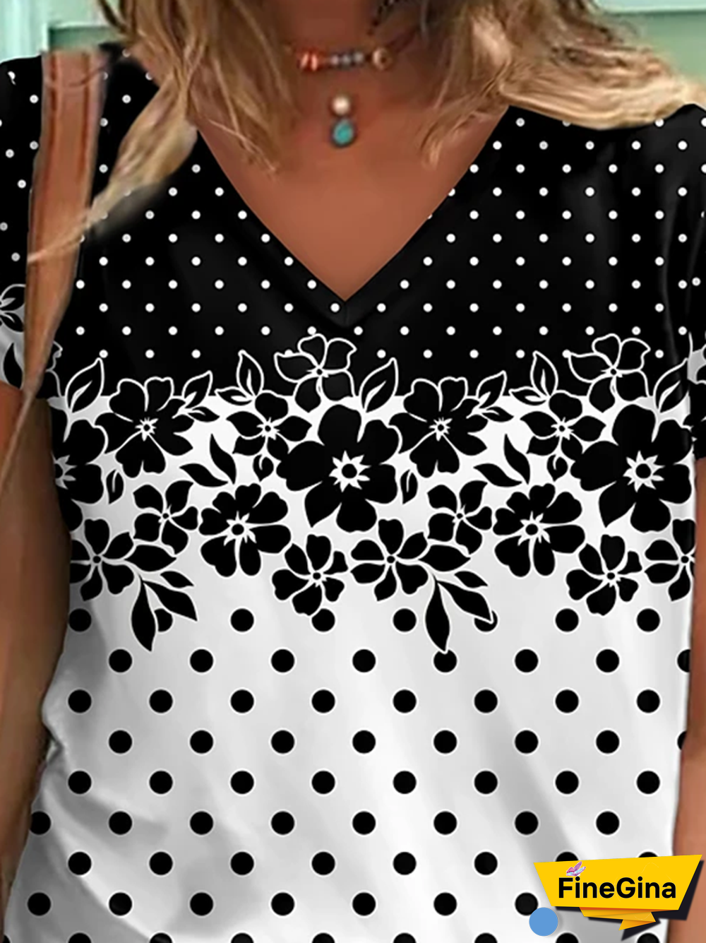 V Neck Floral-print Short Sleeve Casual T-shirt