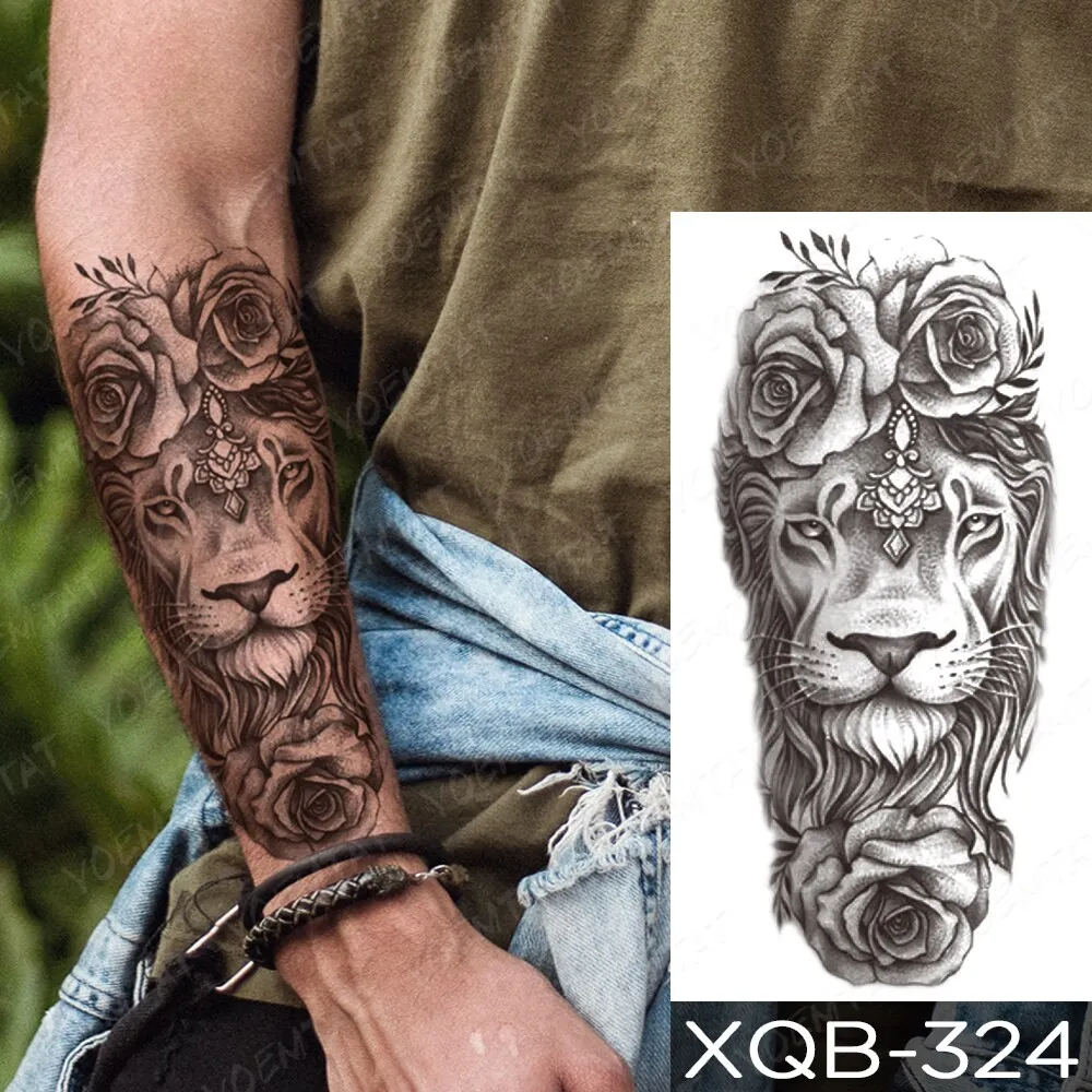 Sdrawing Temporary Tattoo Stickers Fox Lion Tiger Wolf Peony Rose Flowers Leaf Flash Tatto Women Men Body Art Arm Fake Tattoos