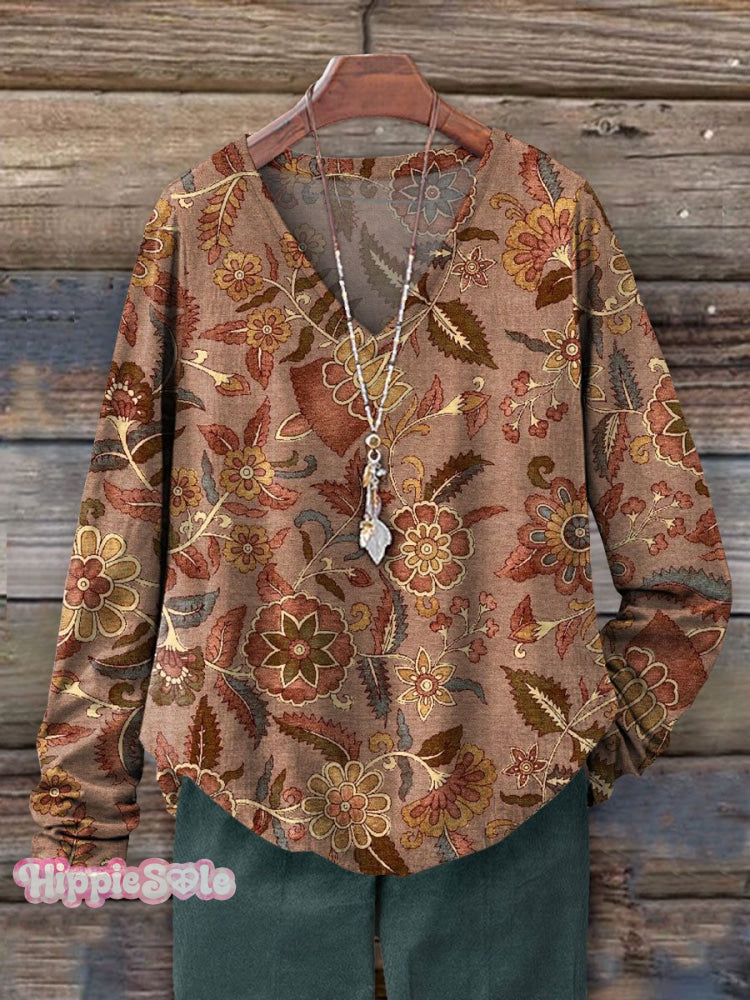 Women&rsquo;s Vintage Floral Art Print Casual V-Neck Long Sleeve T-Shirt Multicolor / S