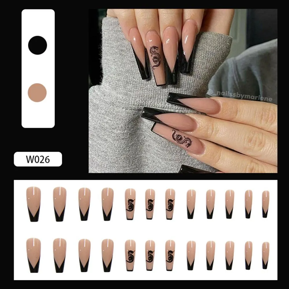 24pcs/Box Long Coffin False Nails with Dragon Pattern Design Ballerina Manicure Patches Press On Nails Full Cover Nail Tips-Nail Inspo