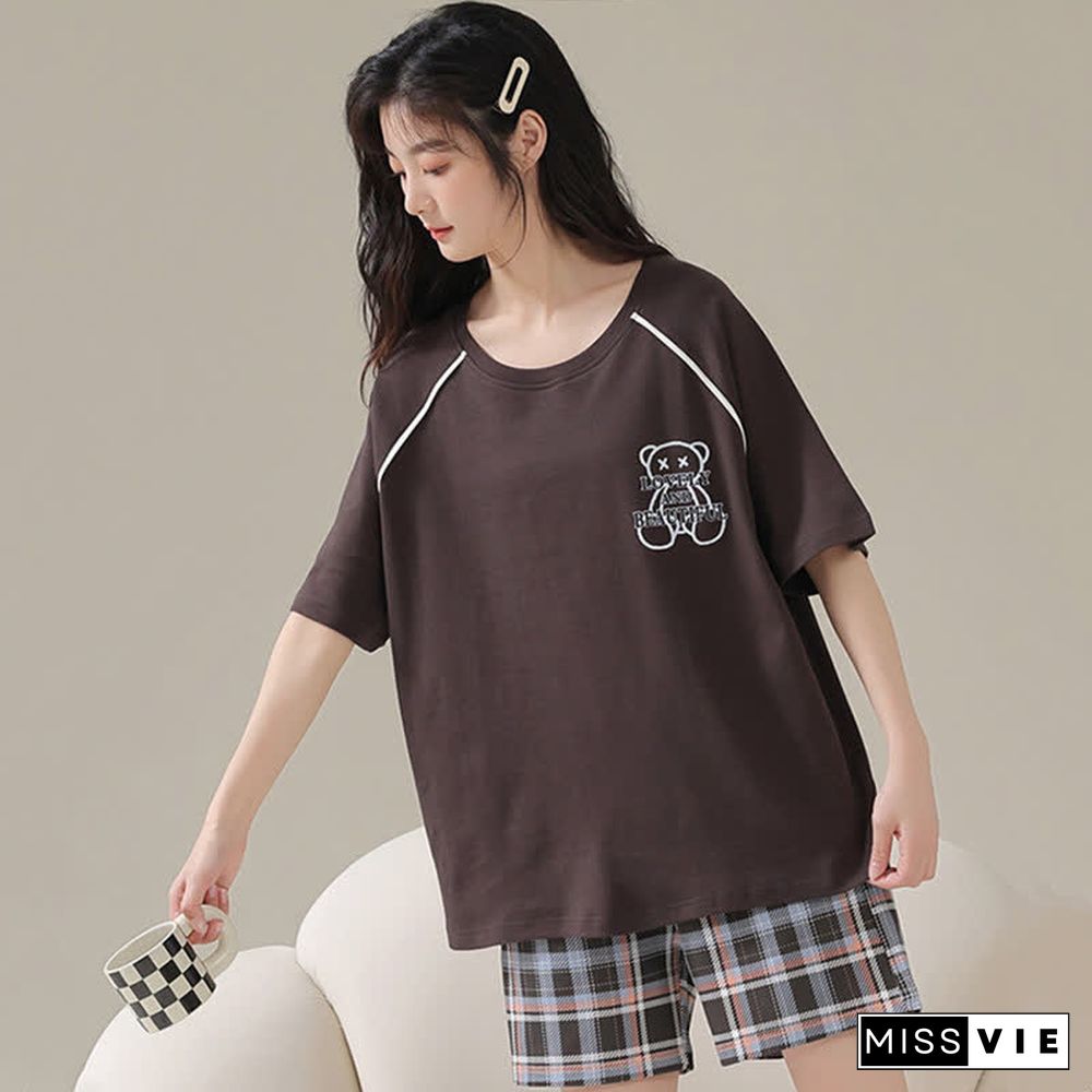 Cartoon Bear Print Summer Cotton Pajamas Set