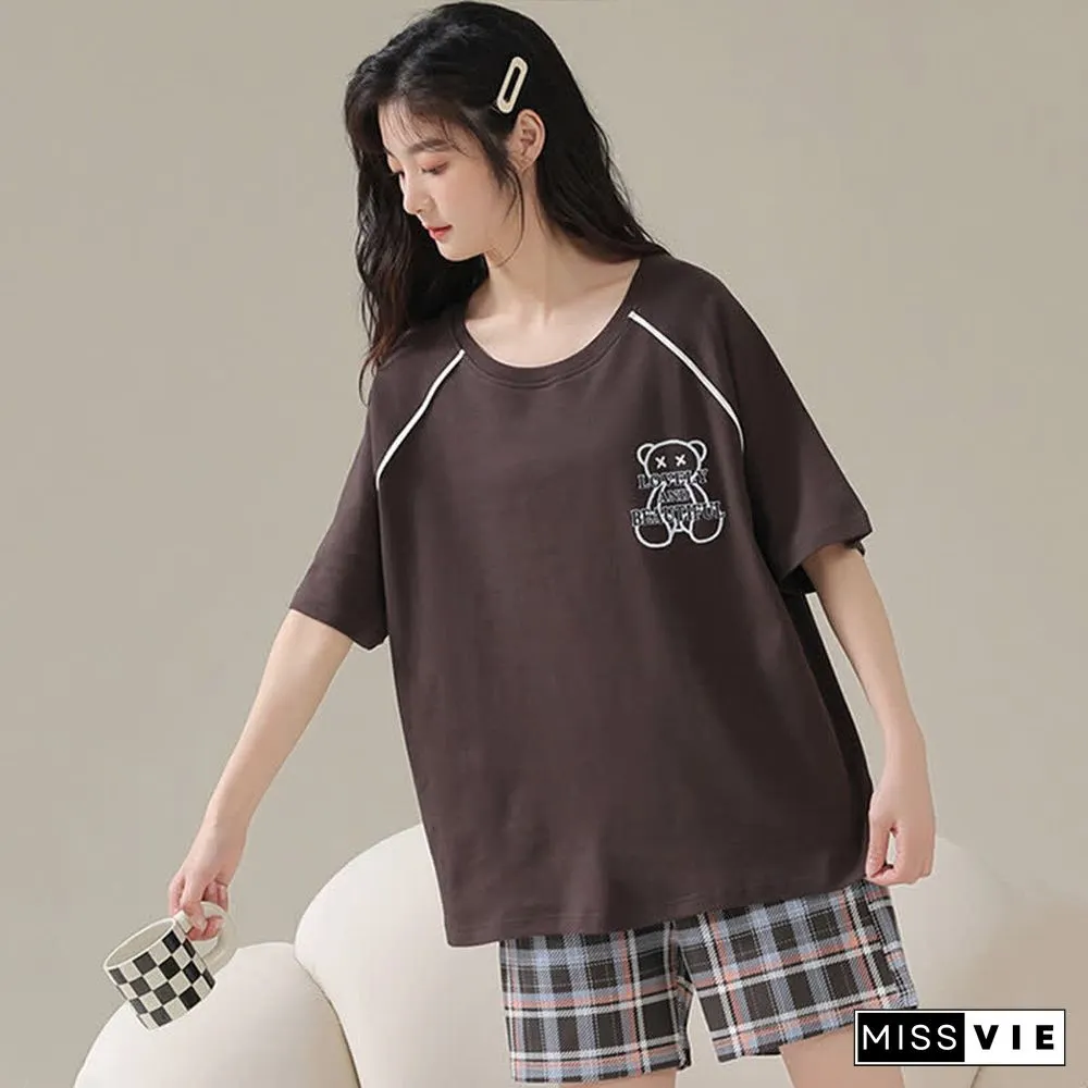 Cartoon Bear Print Summer Cotton Pajamas Set