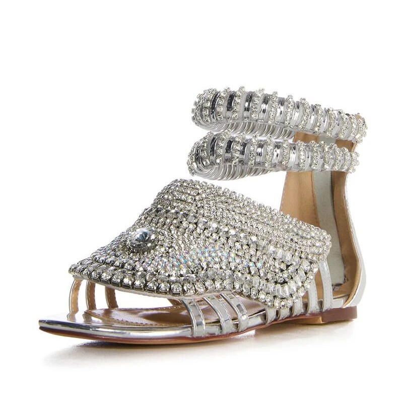 GOOSHOE Silver Diamonds Flat Sandals Women Back Zipper Flat Heels Girls Shoes Roman Styles