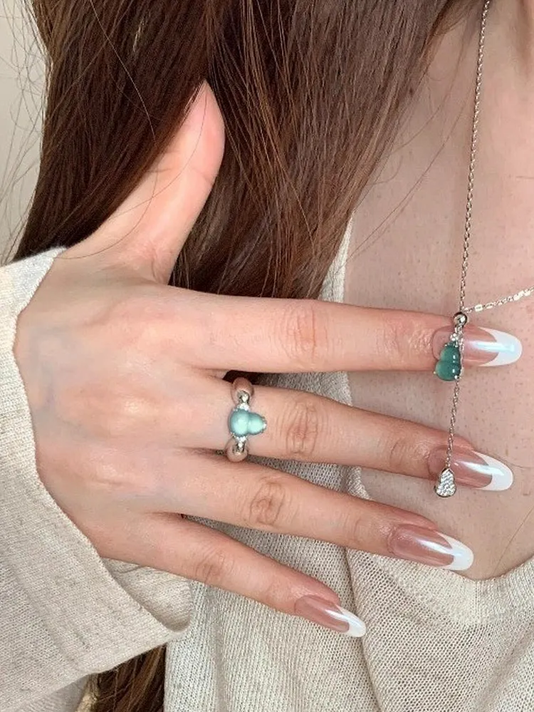Women's Jewelry Set with Green Chalcedony Gourd Necklace Ring Bracelet & Studs