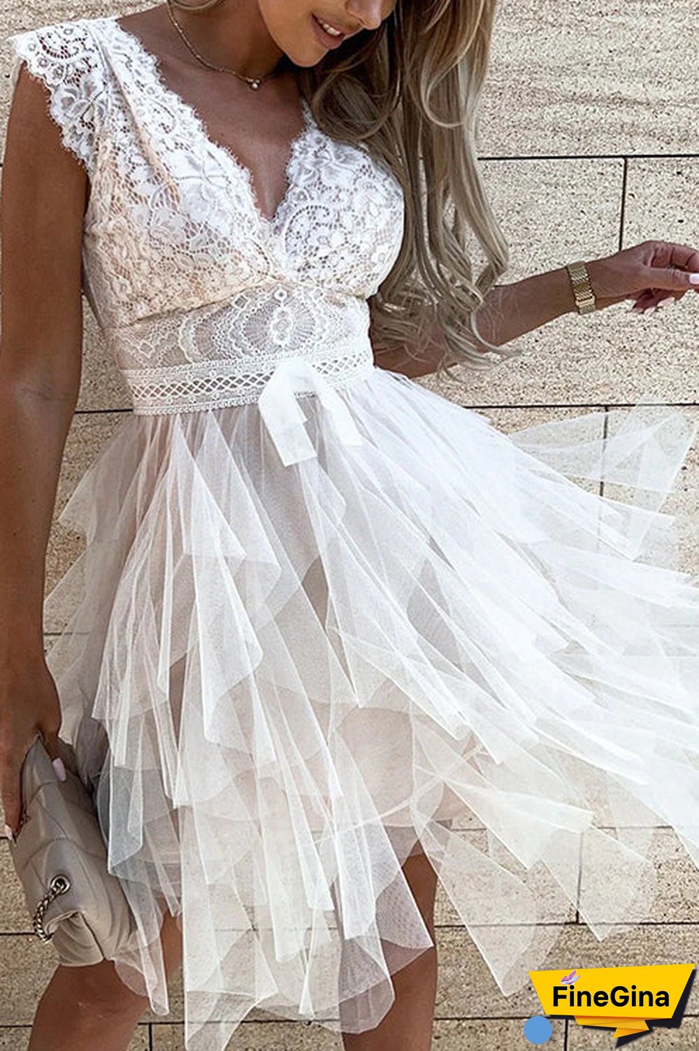 Lace Mesh V Neck Tank Cake Dress