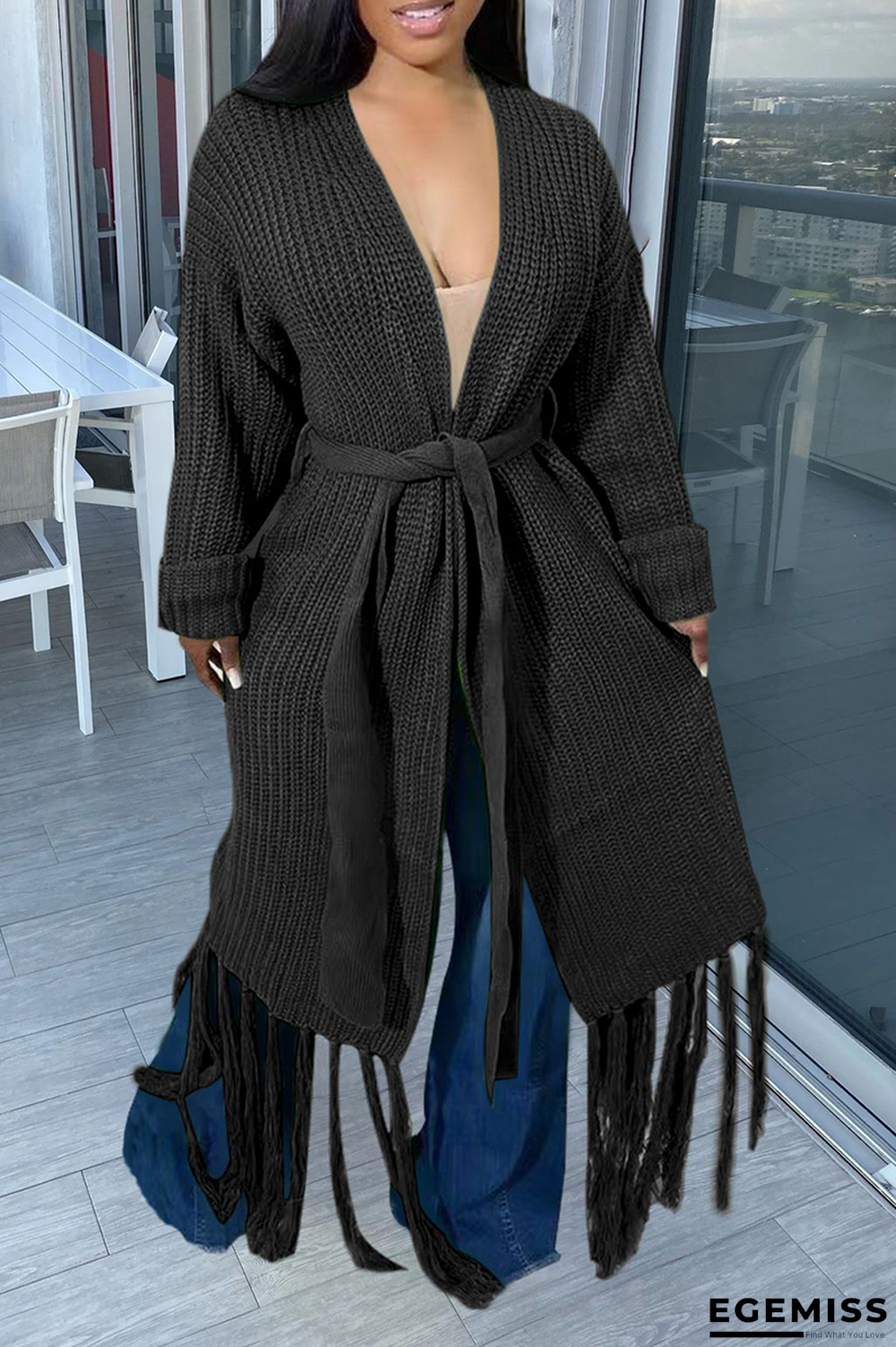 Black Casual Solid Tassel V Neck Outerwear | EGEMISS