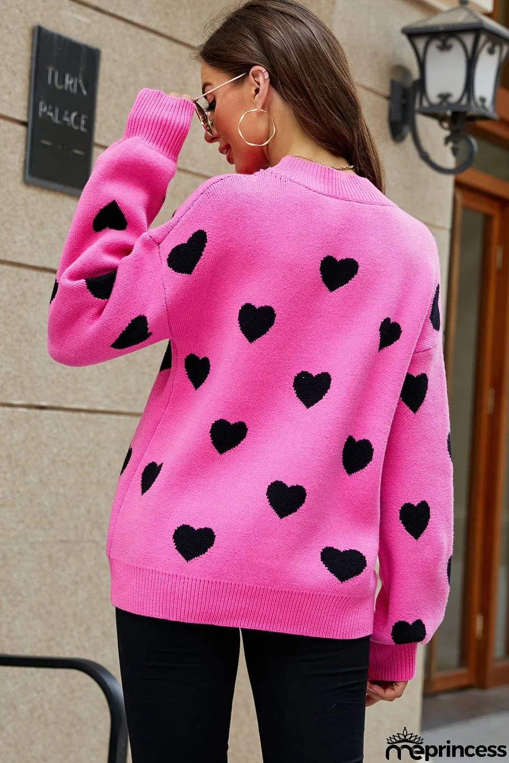 Heart Pattern Ribbed Trim Knit Sweater