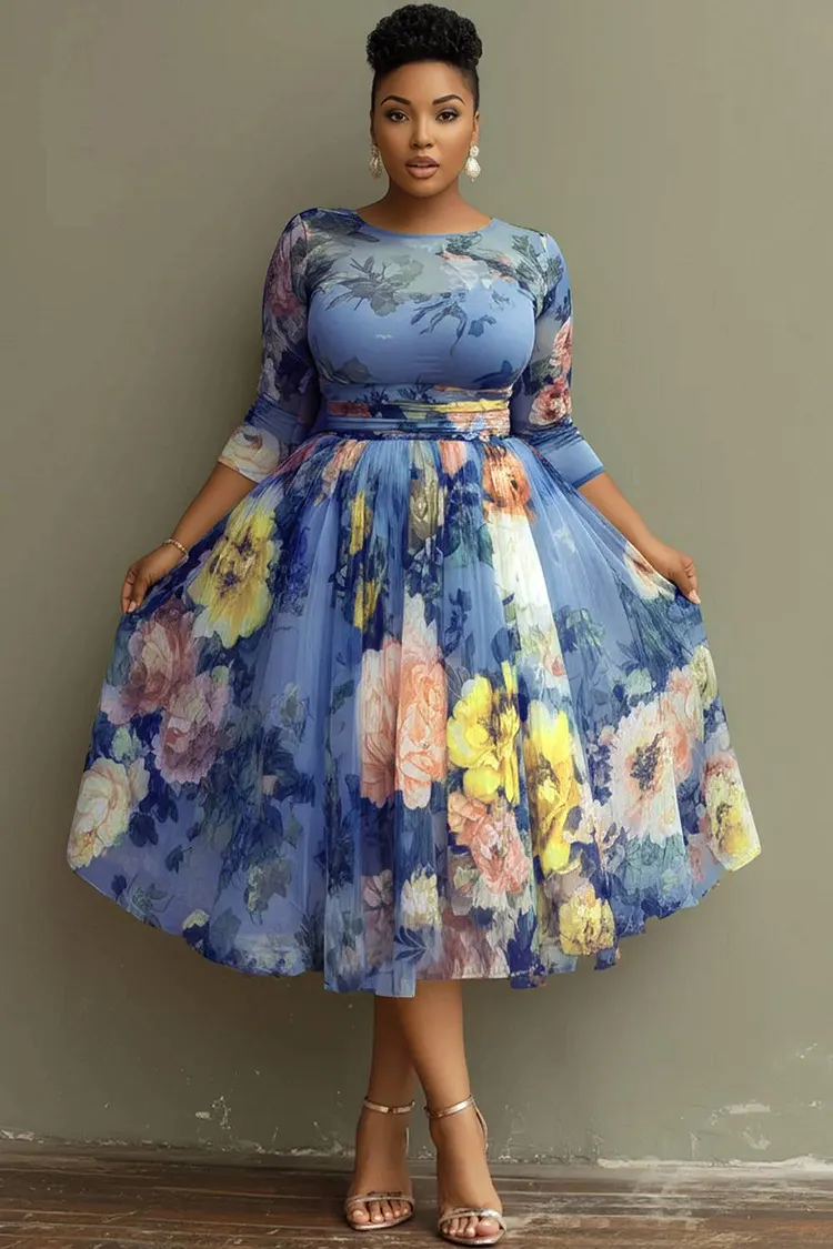 Xpluswear Design Plus Size Vacation Sage Green Floral Round Neck 3/4 Sleeve See Through Tulle Midi Dresses - Xpluswear.com Xpluswear Design Plus Size Vacation Sage Green Floral Round Neck 3/4 Sleeve See Through Tulle Midi Dresses - Xpluswear.com
