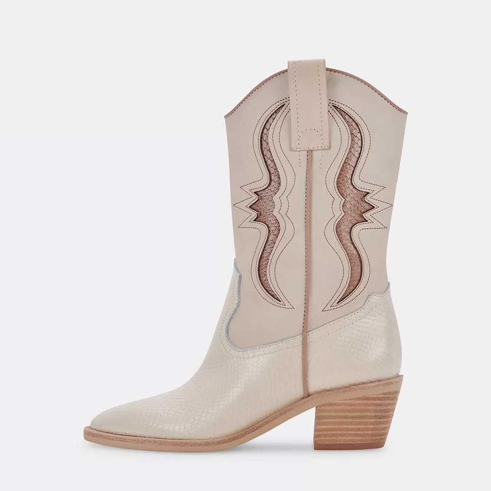 Ivory Vegan Leather Pointed Toe Python Touch Heeled Cowgirl Boots