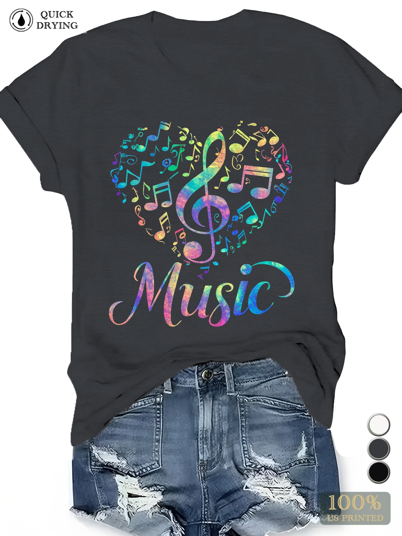 Women's Plus Size Music Heart Graphic T-Shirt - Casual Short Sleeve Tee With Musical Notes Design, Quick-Dry Polyester, Round Neck, Machine Washable, White, Music T Shirt | IFYHOME