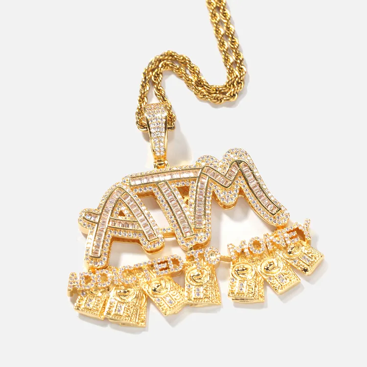 Iced Out ATM Shaped Letters Pendants Necklaces Hip Hop Bling Bling For Men