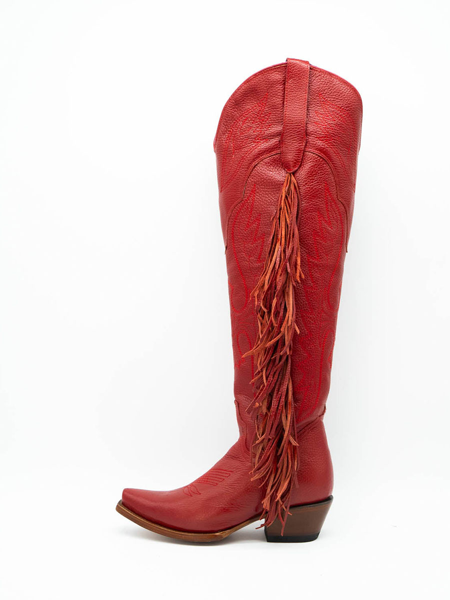 Red Snip Toe Eagle Embroidery Over The Knee Cowgirl Boots with Fringe