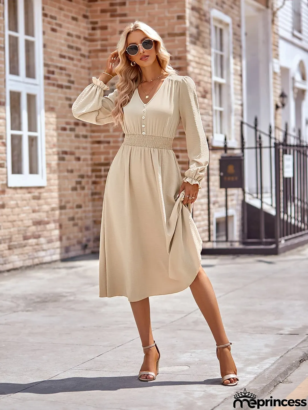 Buttoned V-Neck Flounce Sleeve Midi Dress