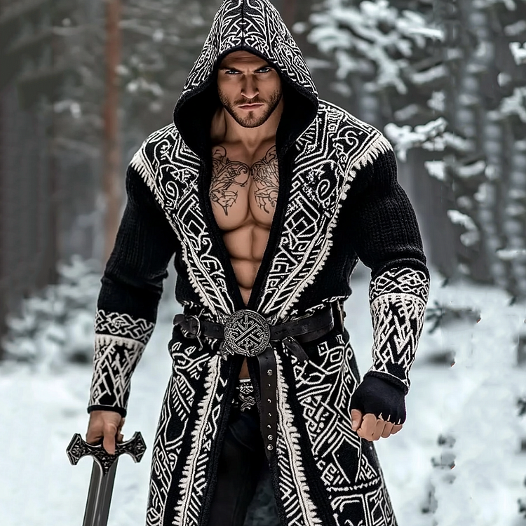 Men's Viking Tribal Pattern Jacquard Cozy Cardigan Sweater