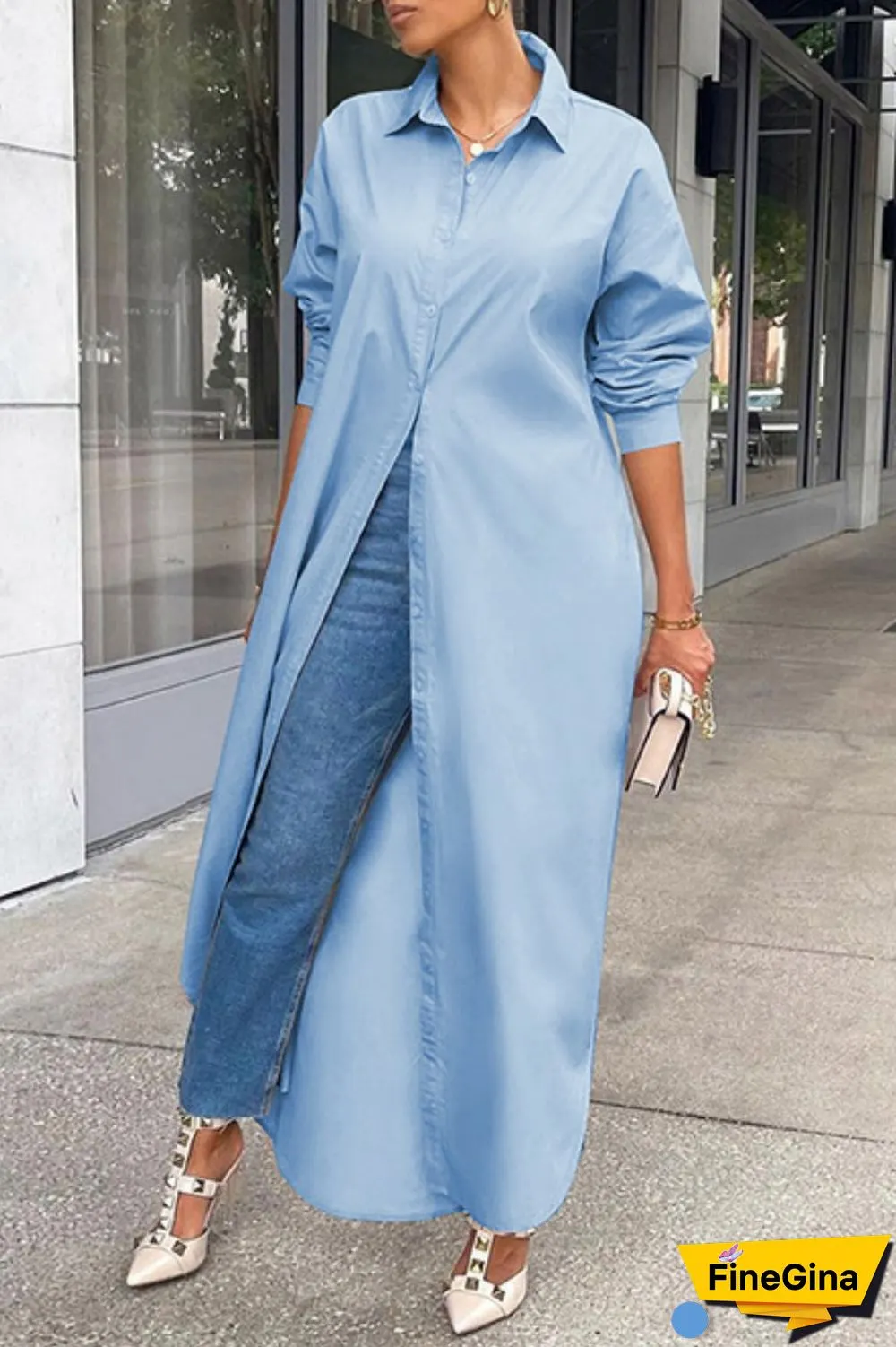 Grey Casual Solid Patchwork Shirt Collar Shirt Dress Dresses