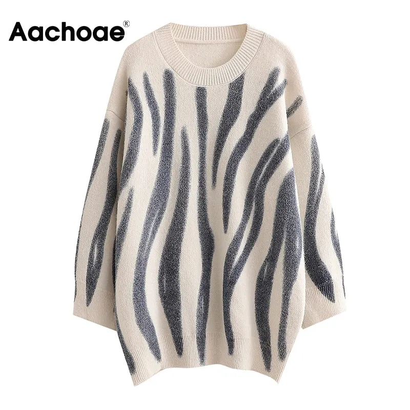 Aachoae Autumn 2021 Women Basic O Neck Printed Sweater Vintage Batwing Long Sleeve Jumper Tops Female Casual Loose Sweaters