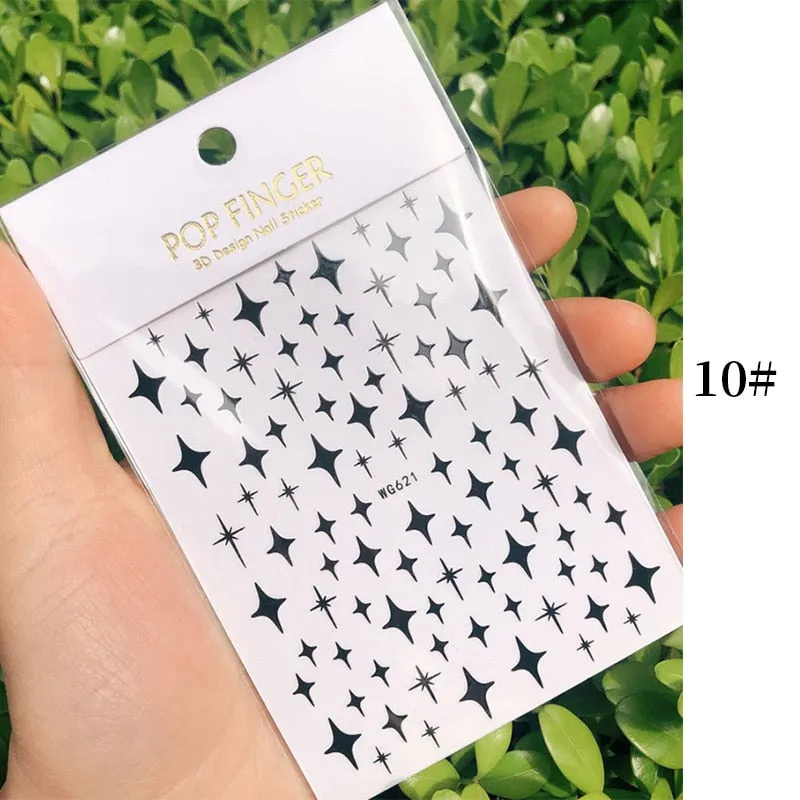 Star Nail Art 3D Stickers Black White Gold Love Hearts Pattern Nail Decals Manicures Nails Design Adhesive Wraps Tip Decoration