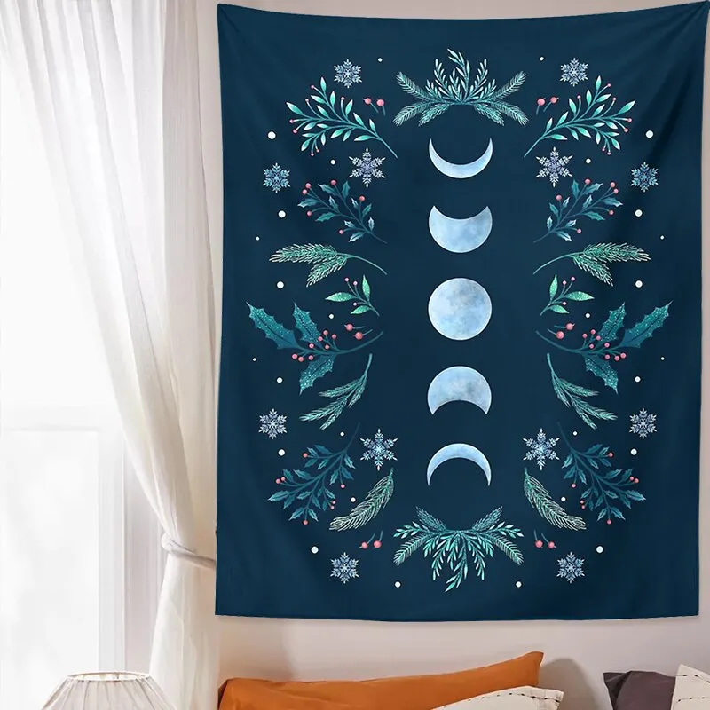 Moon Phase Wall Hanging Tapestry Vintage Mooonlight Green Olive Leaf Black Tapestries Boho Room Art Home Decoration Accessories