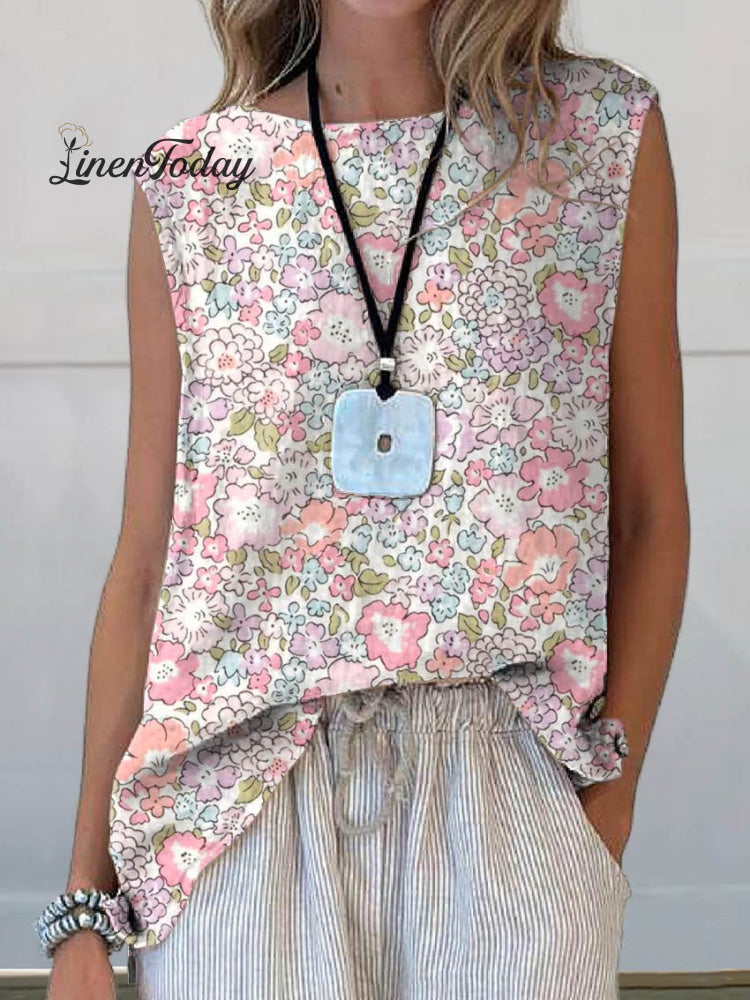 Women&rsquo;s Retro Elegant Floral Art Print Casual Cotton And Linen Tank Top Multicolor / S