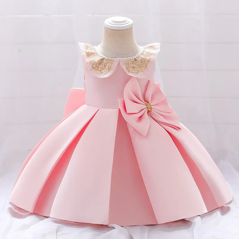 Uveng Girl Kids Clothing Baptism Bow Princess Doll Collar Sequin1 Year Baby Birthday Dress Pink Party White Children Costume