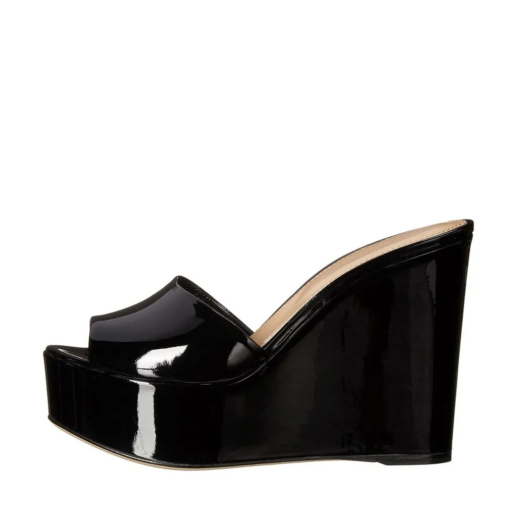 Patent Leather Round Toe Wide Band Wedge Heel Platform Mules in Black