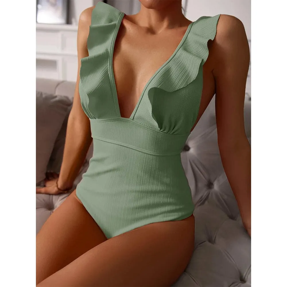 2022 New Sexy Ruffle One Piece Swimsuit Off The Shoulder Print Floral Swimwear Women Solid Deep-V Bathing Suits Summer Beachwear