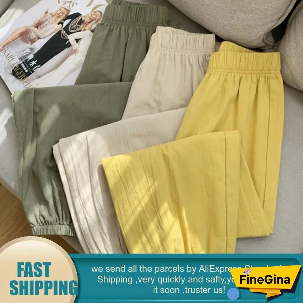 Casual Style Cotton Linen Pants Women Spring Summer New Elastic Waist Solid Basic Retro Loose Women's Harem Pants Trousers