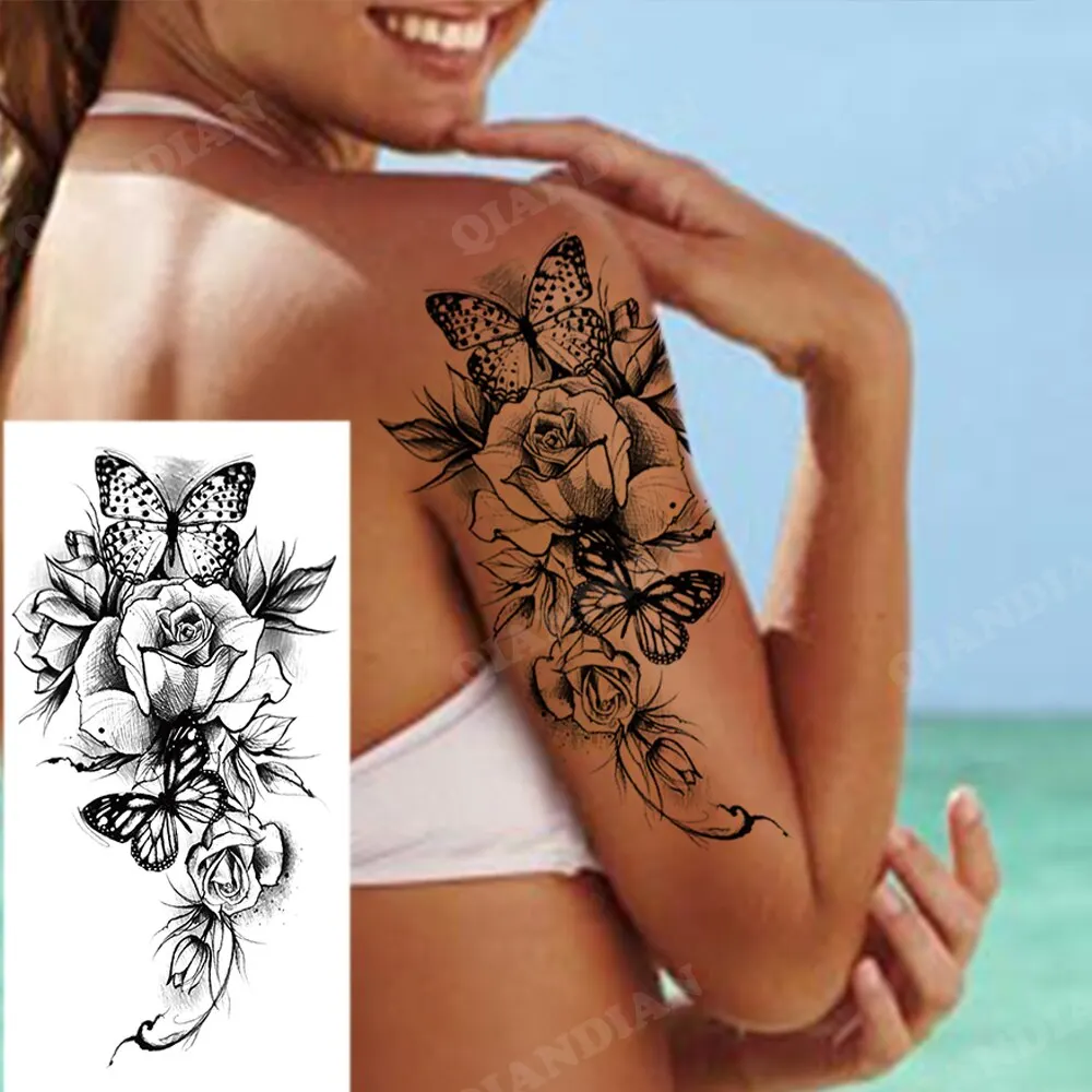 10 Sheets Temporary Tattoos Black Flower Butterfly Moon Flash Beauty Body Arm Art Waterproof Fake Sleeve Tatoo Sticker Women