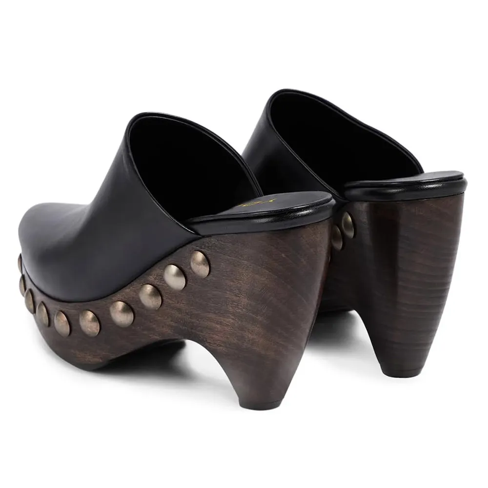Black Pointed Toe Studded Embellished Sculptural Heel Platform Mules