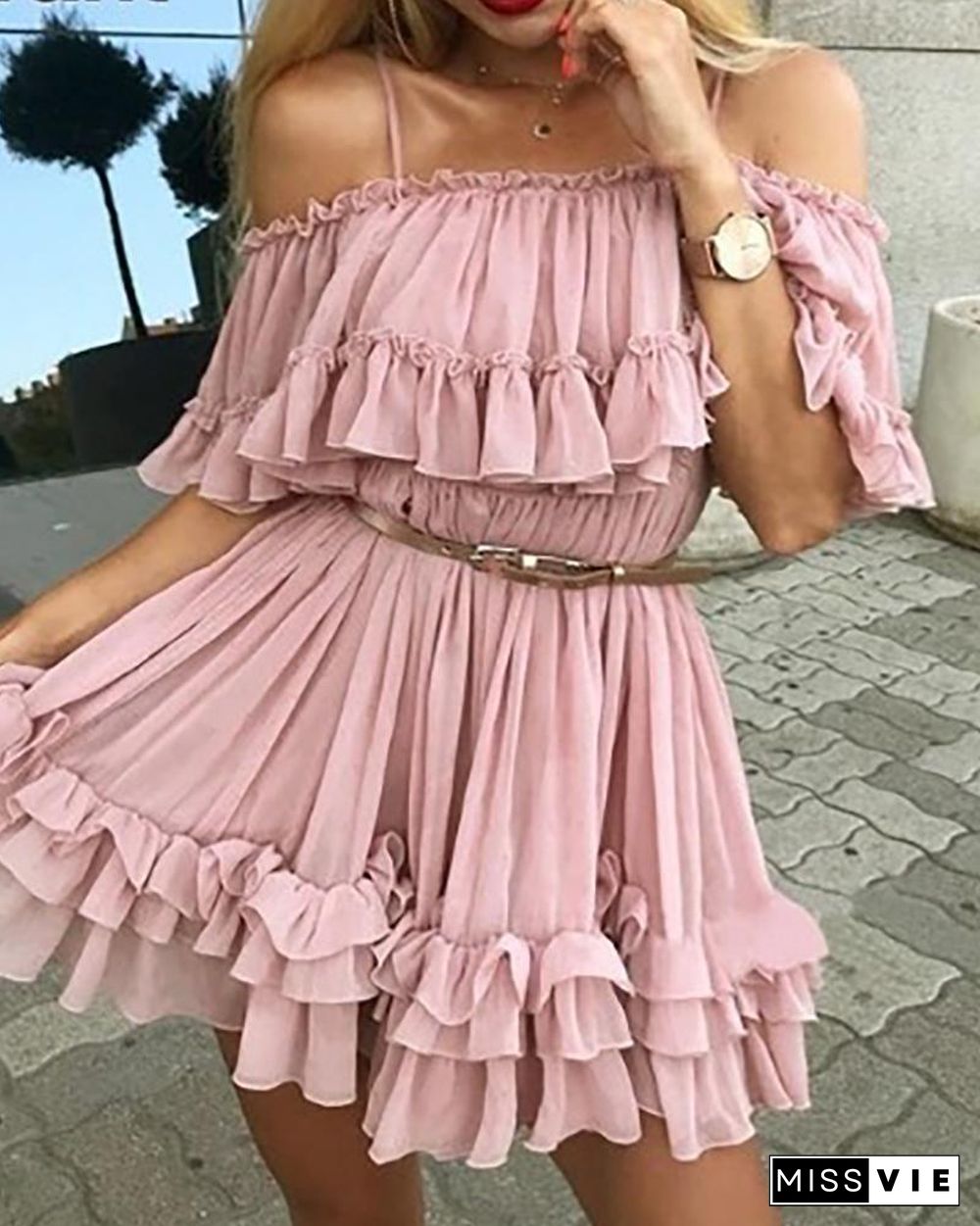 Cold Shoulder Frill Layered Ruffles Dress P10875