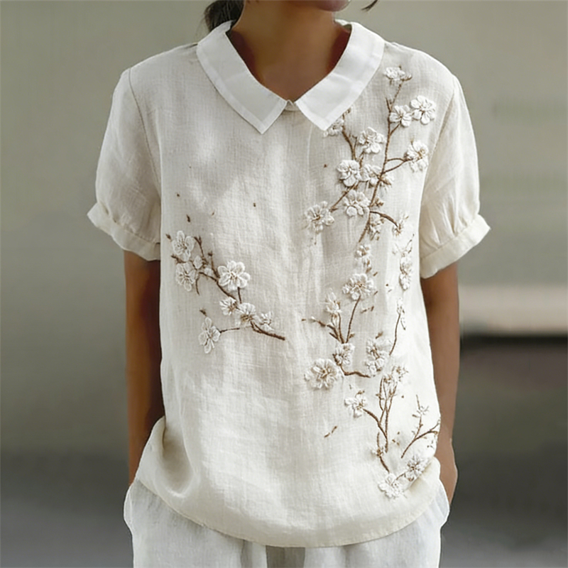 Almond Blossom Japanese Art Peter Pan Collar Linen Shirt elevenforest