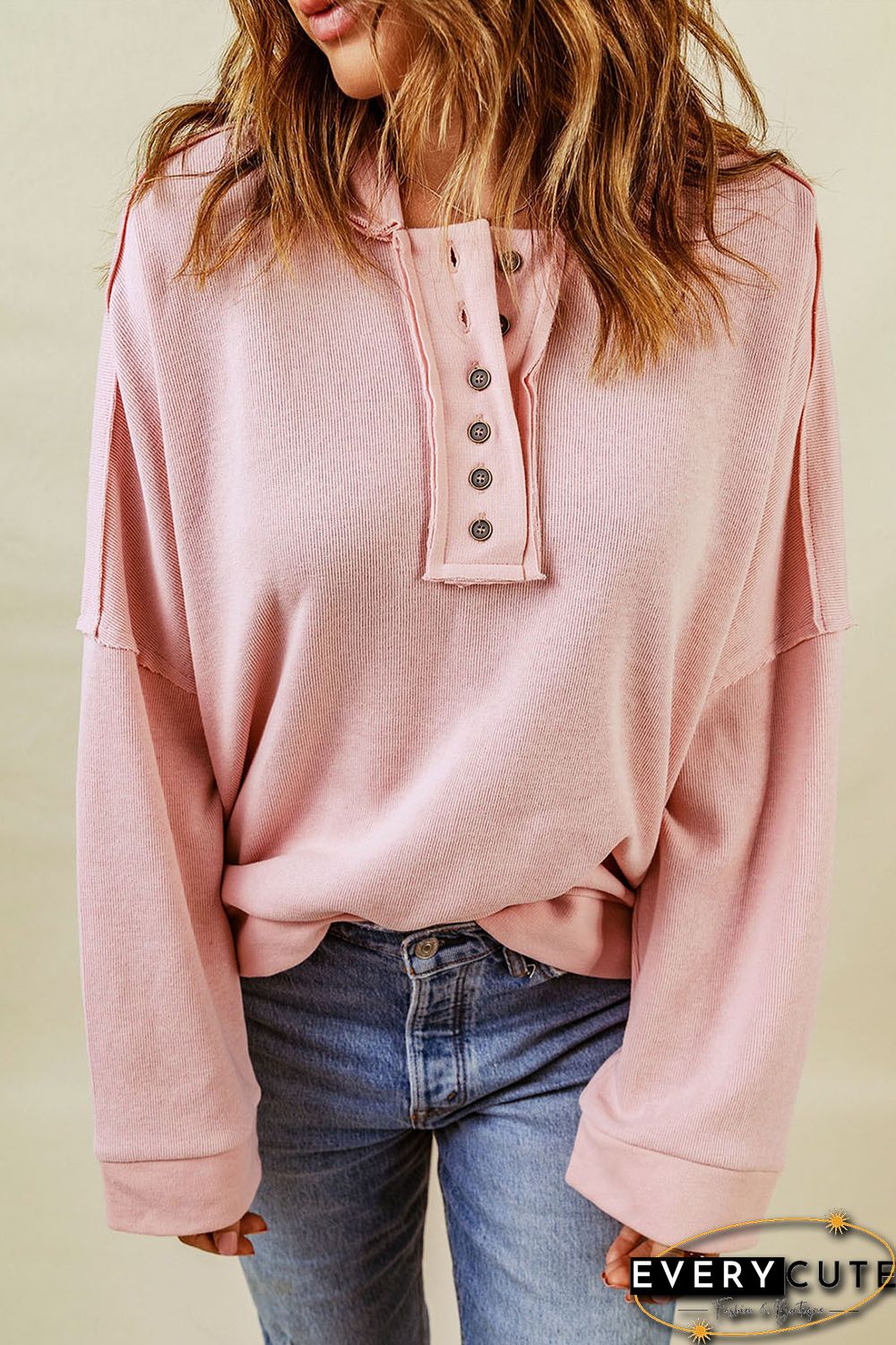 Pink Casual Button Solid Patchwork Trim Hoodie