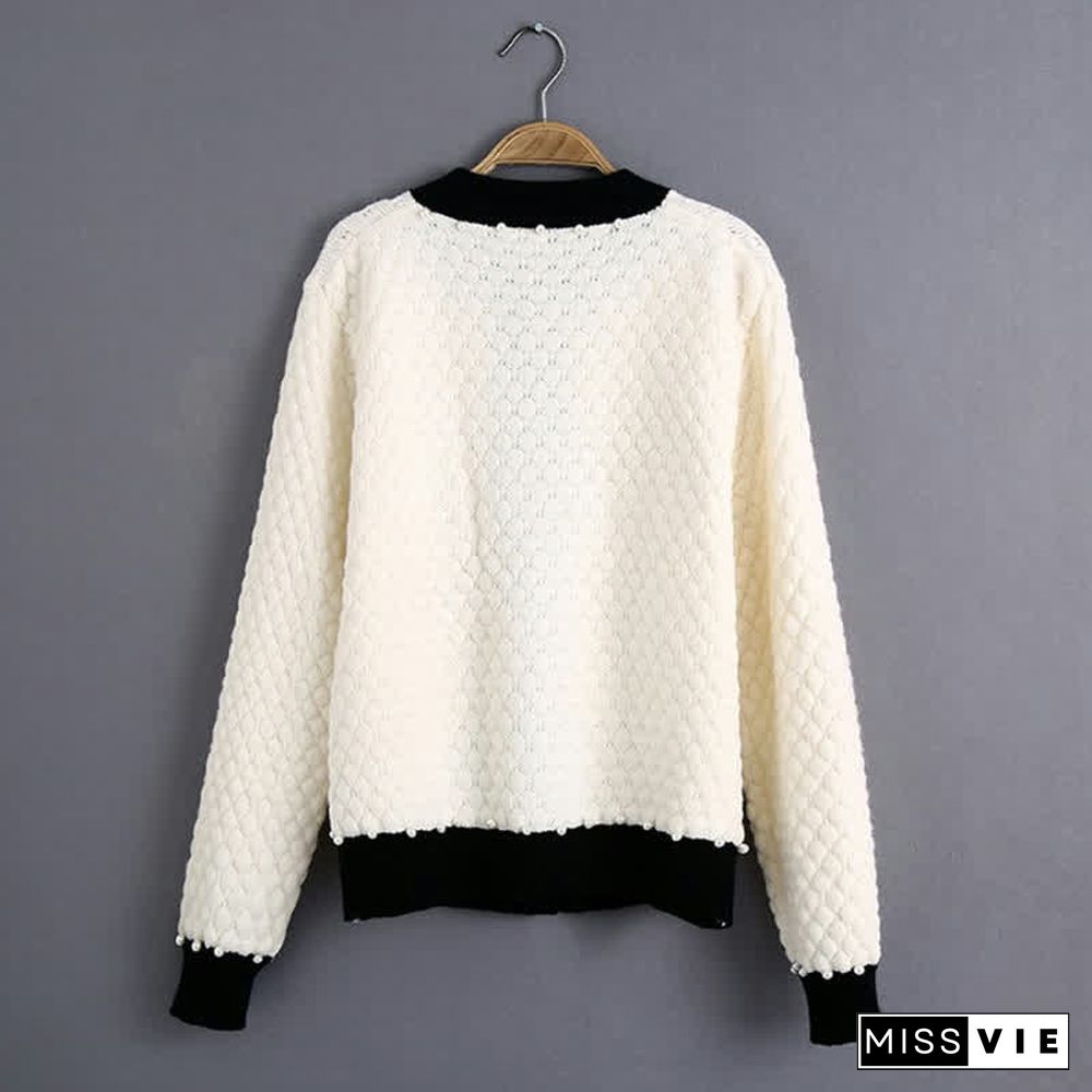 Pearl Decor 3D Blossom Button Cardigan Sweater